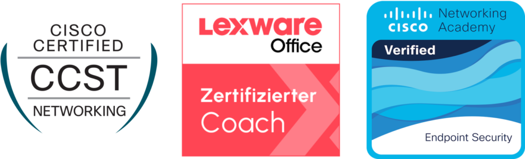 3 Badges: CCST Networking, Lexware Office Zertifizierter Coach, Netacad Endpoint Security